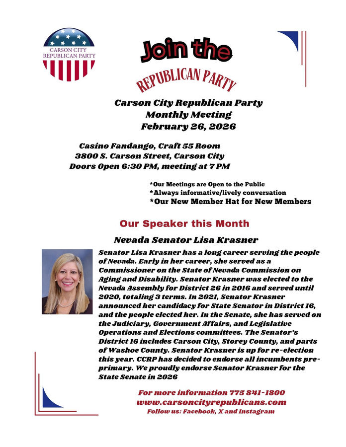 LisaKrasner4NV's tweet image. I enjoyed speaking at the @CarsonCityRepub meeting. Thank you for your Endorsement in my re-election for State Senate District 16. @NVGOP