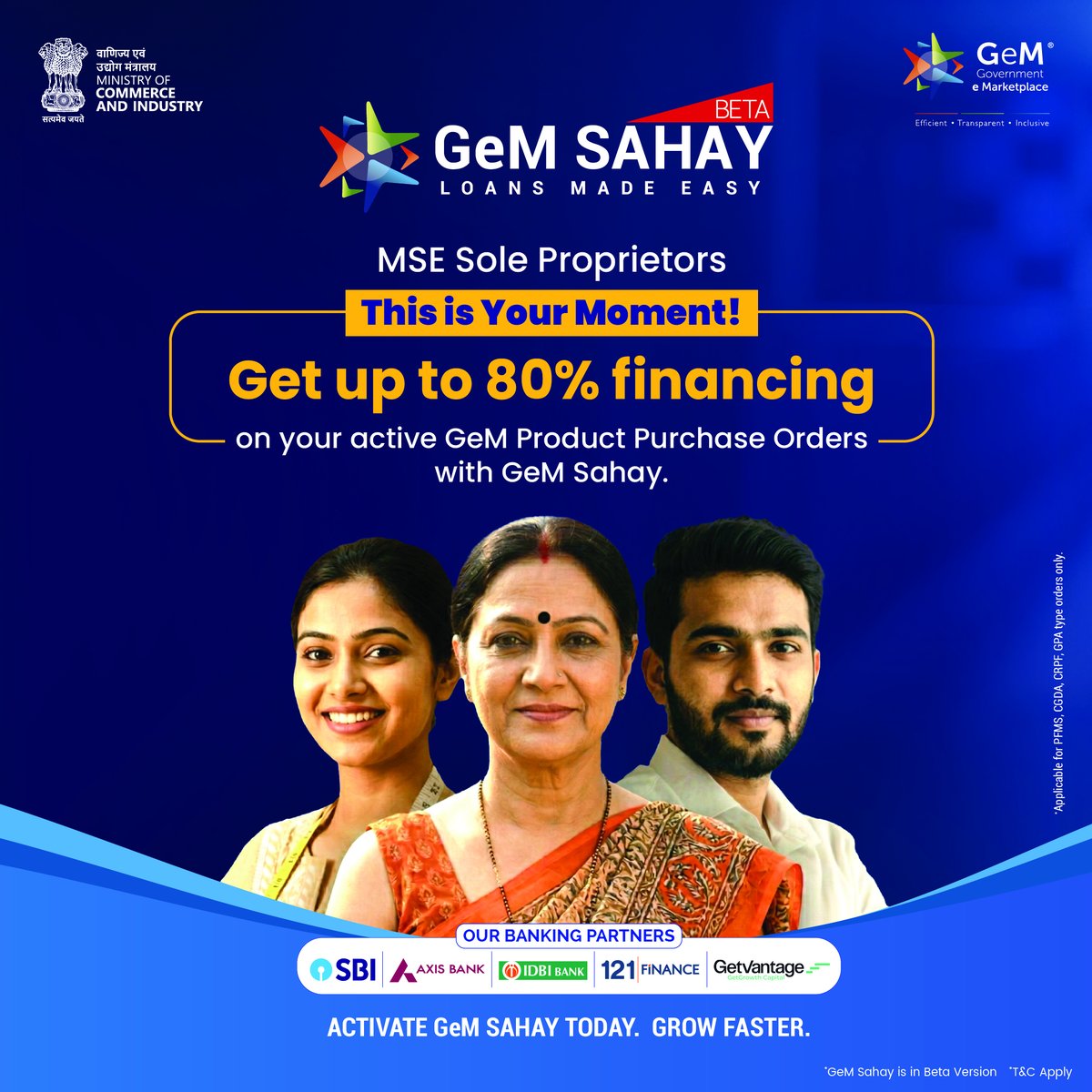 GeM_India's tweet photo. 🔊Massive opportunity for sole proprietors on GeM✨

With GeM Sahay, unlock quick, collateral-free working capital against your active product purchase orders.

1️⃣ Log in to your GeM seller profile
2️⃣ Activate GeM Sahay

Don’t let orders wait, ensure seamless cash flow and keep your business moving.

@TheOfficialSBI @AxisBank @IDBI_Bank @121finance @GetVantage_Co

#GeMSahay #GrowthSahay #MSMEFinancing #MSMEGrowth #WorkingCapitalSolutions #DigitalLending #AlternativeFinance #FintechIndia #StartupIndia #ViksitBharat #AtmanirbharBharat #GetVantage #GetGrowthCapital #nondilutivecapital #foundersforfounders #121ForGeMSellers #121onGeMSahay #MSMEs #BackboneofIndia #FinancialInclusion #MSMEFinancing #CreditEcosystem #IndiaMSMEs #MSMEGrowth #MSMELending #OCEN
