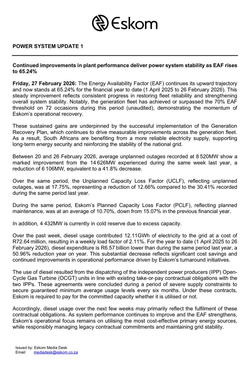 Eskom_SA's tweet photo. #POWERSYSTEMUPDATE 

Continued improvements in plant performance deliver power system stability as EAF rises to 65.24% https://t.co/yNNs15CCfE
