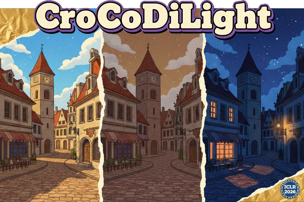 Teaser image for CroCoDiLight paper. Three panels showing the same scene of a street in three different lighting conditions: sunny with shadows, even lighting without shadows, and night time with lights switched on. A badge for ICLR 2026 is in the bottom right, and CroCoDiLight is in big letters across the top.
