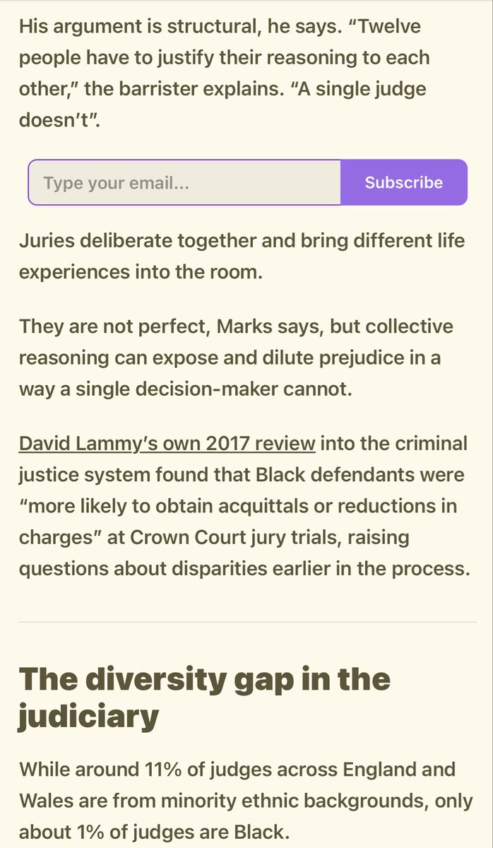 TheCriminalBar's tweet photo. Read Mark Robinson, criminal barrister at @gardencourtlaw explain why #JusticeNeedsJuries to Black Current News “the argument is structural, he says. “Twelve people have to justify their reasoning to each other,” the barrister explains. “A single judge doesn’t”
Juries deliberate together and bring different life experiences into the room. 
They are not perfect, Marks says, but collective reasoning can expose and dilute prejudice in a way a single decision-maker cannot.”