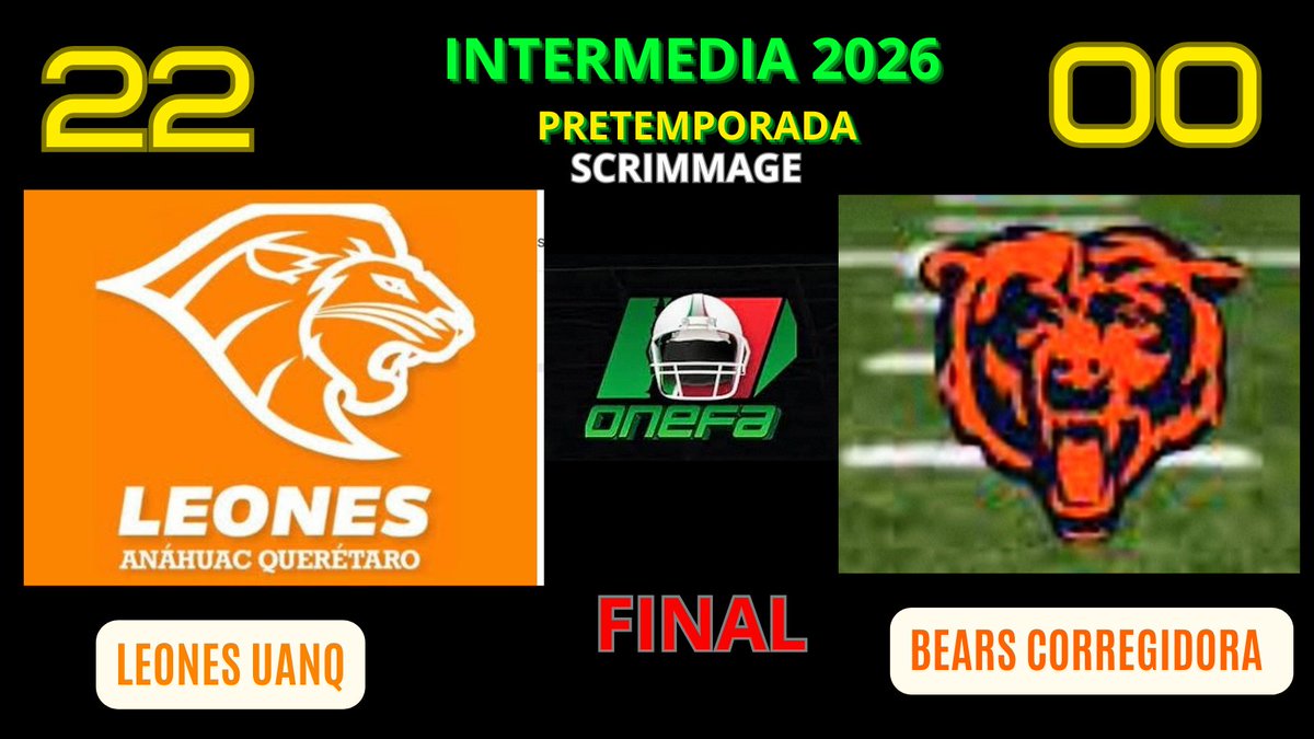 *ONEFA: Pretemporada Intermedia 2026*

Por un error en el llenado de la cédula (se anexa), el resultado del scrimmage realizado ayer, entre los Leones UANQ y los Bears CORREGIDORA, es el que se acompaña en este post y no el que se señaló ayer.