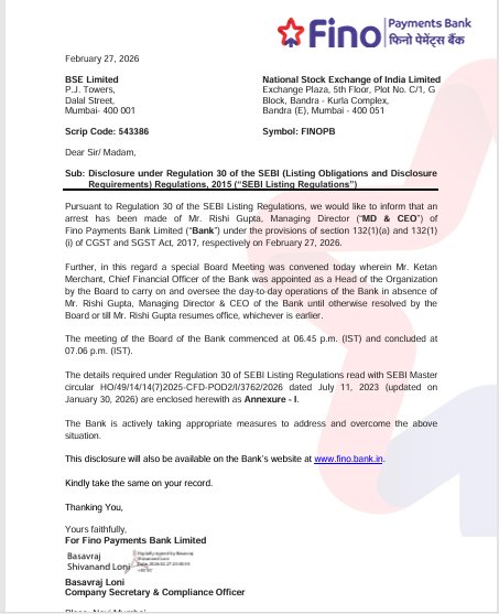 🚨Breaking News!!

MD&amp;CEO of Fino Payments Bank has been arrested.

Details: hellobanker.in/?p=76583