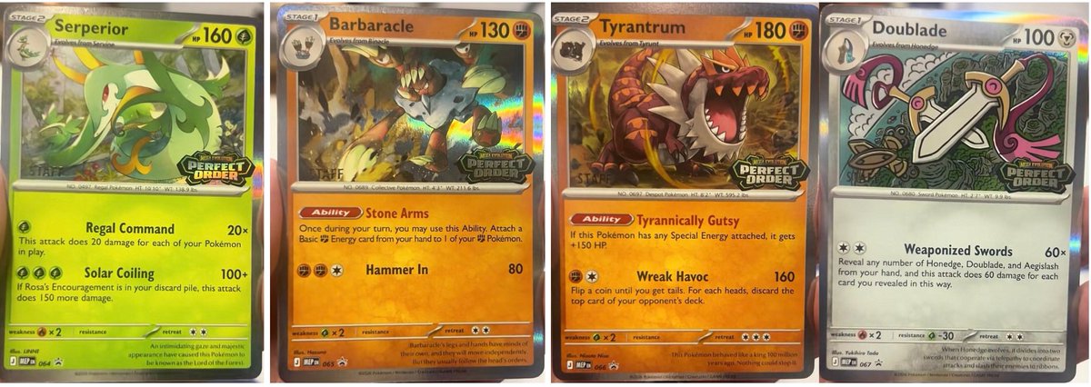 The 4 pre-release promos for Perfect Order are Barbaracle, Tyrantrum, Doublade &amp; Serperior.

No bad options, but Tyrantrum might struggle to find the Fossil. 

Serperior could be the best here &amp; worst competitively.

Set Details - youtube.com/playlist?list=…

Via <a href="/PokeDuelsTikTok/">PokeDuels</a>