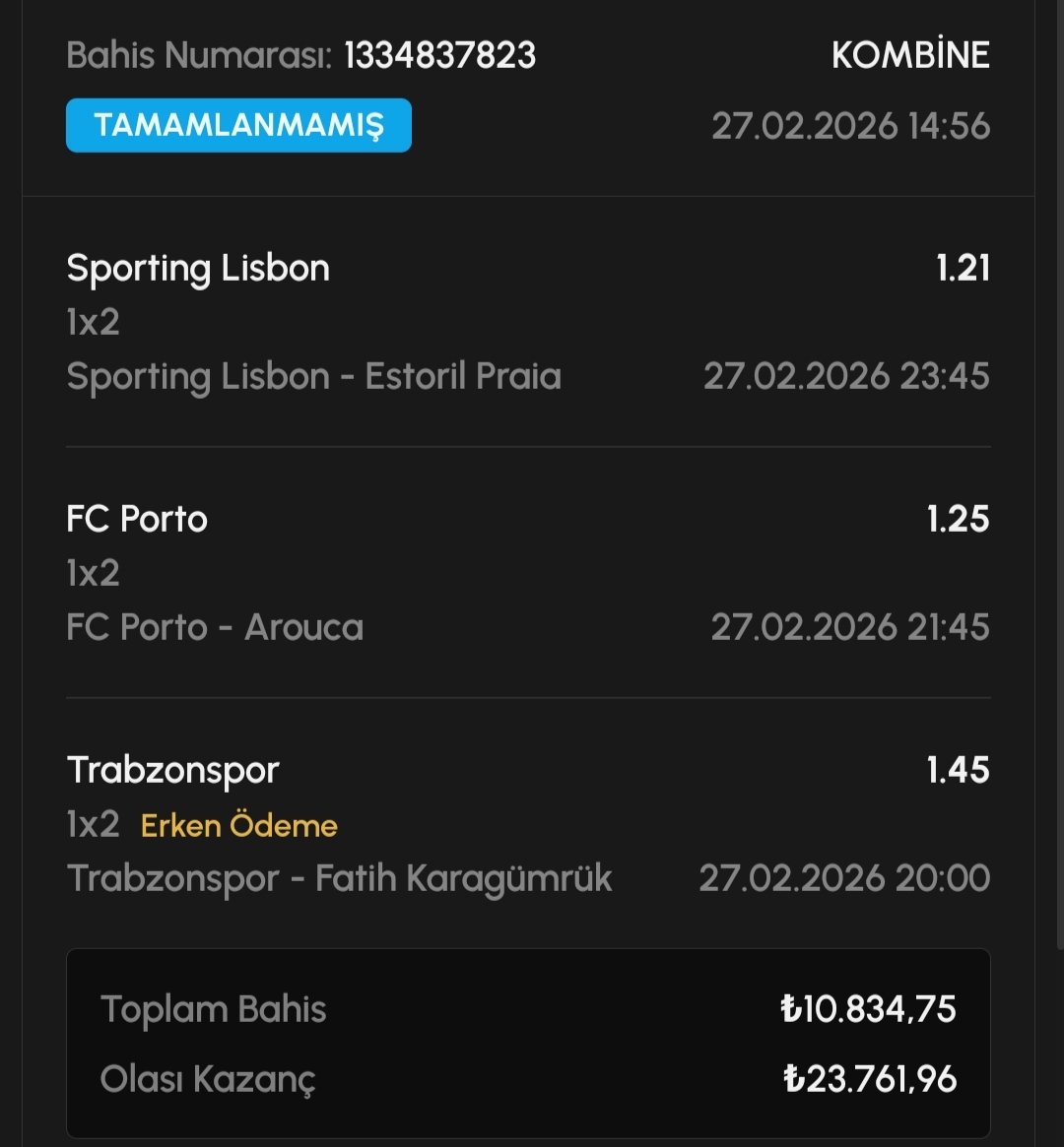 GarfieldBahisci's tweet photo. 3 maçlık kombine kuponumuz hazırdır. 

10.834 TL'ye 23.761 TL veriyor 💪 

#Trabzonspor kazanır.
#Porto kazanır.
#Lizbon kazanır.

#Onachu

#iddaa #tahmin #bahis 

#Garfield https://t.co/yZy0hjHqhg