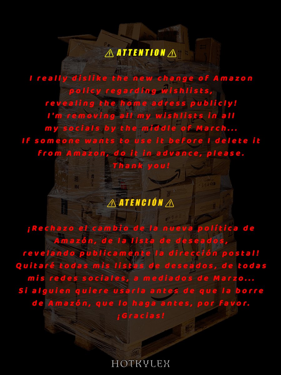 ⚠️ Since there is a change of the Amazon's conditions about wishlists, I'll remove mines from my social networks, by mid March.

⚠️ Debido al cambio de condiciones sobre las listas de deseados de Amazón, quitaré las mías de mis redes sociales, a mediados de Marzo.