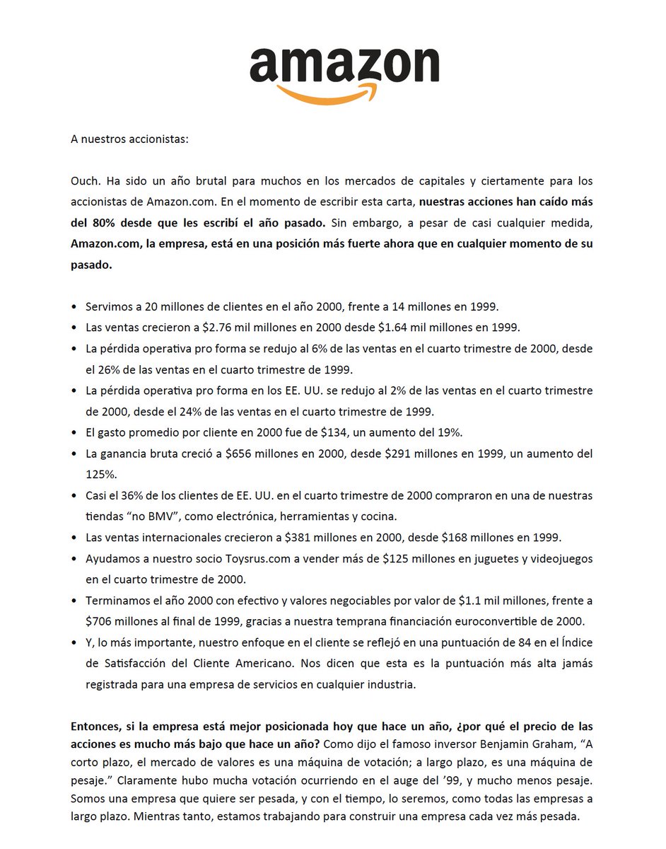 idafegonzalez's tweet photo. $AMZN cayó un -80% después de la burbuja de las puntocom.

Jeff Bezos respondió en su carta del 2000 mencionando a Benjamin Graham.

🇪🇸 La hemos traducido a español en @WorldStockss.

🔒 Guárdala para recordarla en cada caída de mercado. https://t.co/VqGw396pXm