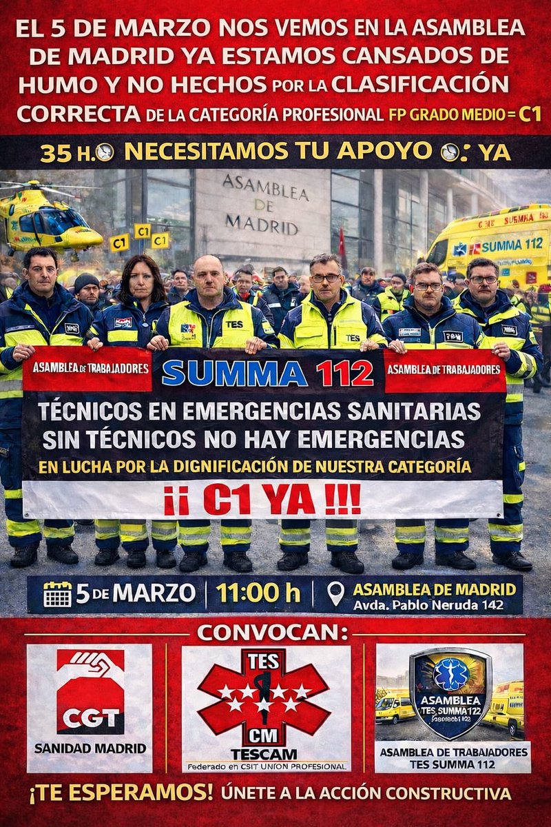 🥁🥁🥁📢📢📢🚨🚨🚨🆘🆘🆘#TES_EN_LUCHA #C1YA#35H.🕒YA #SUMMA112#DESPIERTA_YA TES 📢DÍA 5 DE MARZO 💪 💪 #TODOS_UNIDOS 📍ASAMBLEA DE MADRID CONCENTRACIÓN.