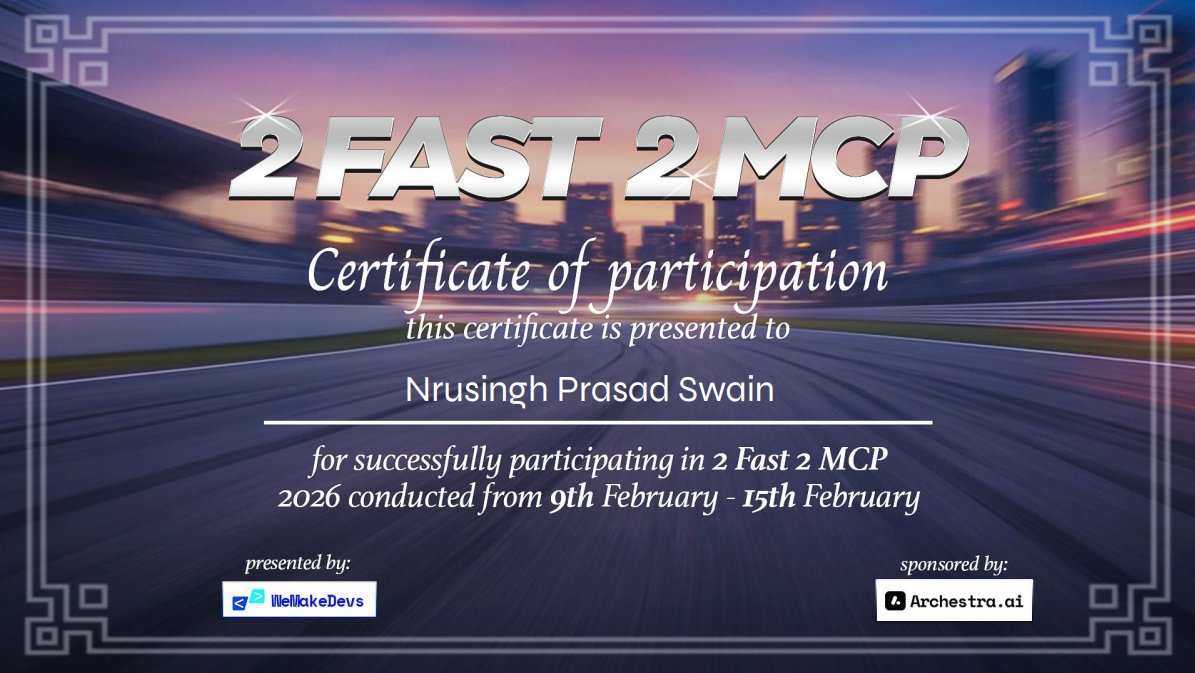 Nrusingh_p2023's tweet photo. Proud to have crushed the #2Fast2MCP hackathon! Leveled up my AI dev skills with MCP agents in just a week. Thanks @WeMakeDevs @archestra_ai! ๐๐ป #AI #Hackathon #BuildInPublic #DevCommunity https://t.co/k2UvzQEM8M