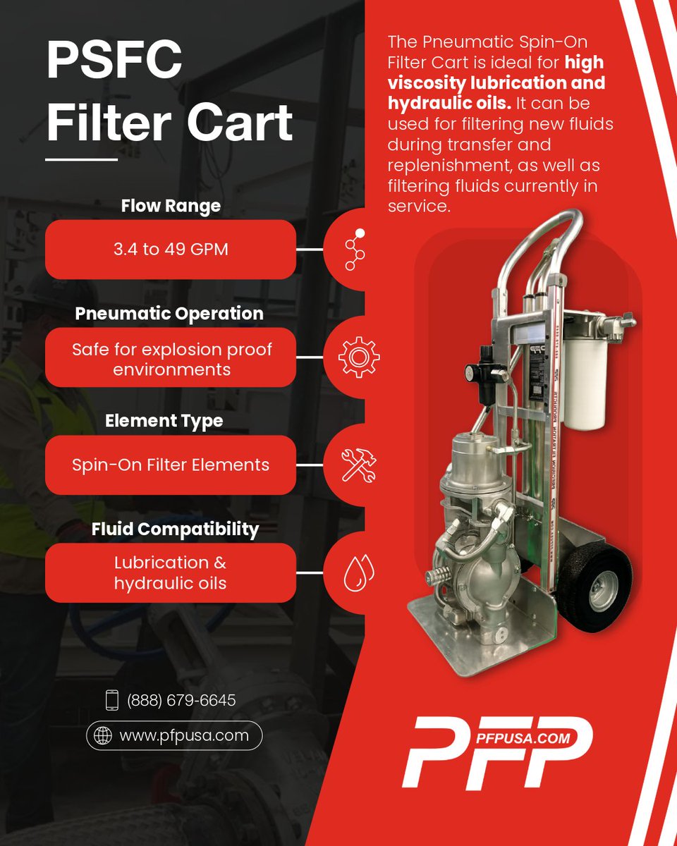 pfpusa's tweet photo. This week, we're highlighting our Pneumatic Spin-On Filter Cart (PSFC), the air-powered variation of our SFC filter cart.

This unit is designed specifically for use in hazardous environments.

Ask one of our specialists about the PSFC!

https://t.co/kJiJHg4Y07 https://t.co/xNeZlKfQ2H