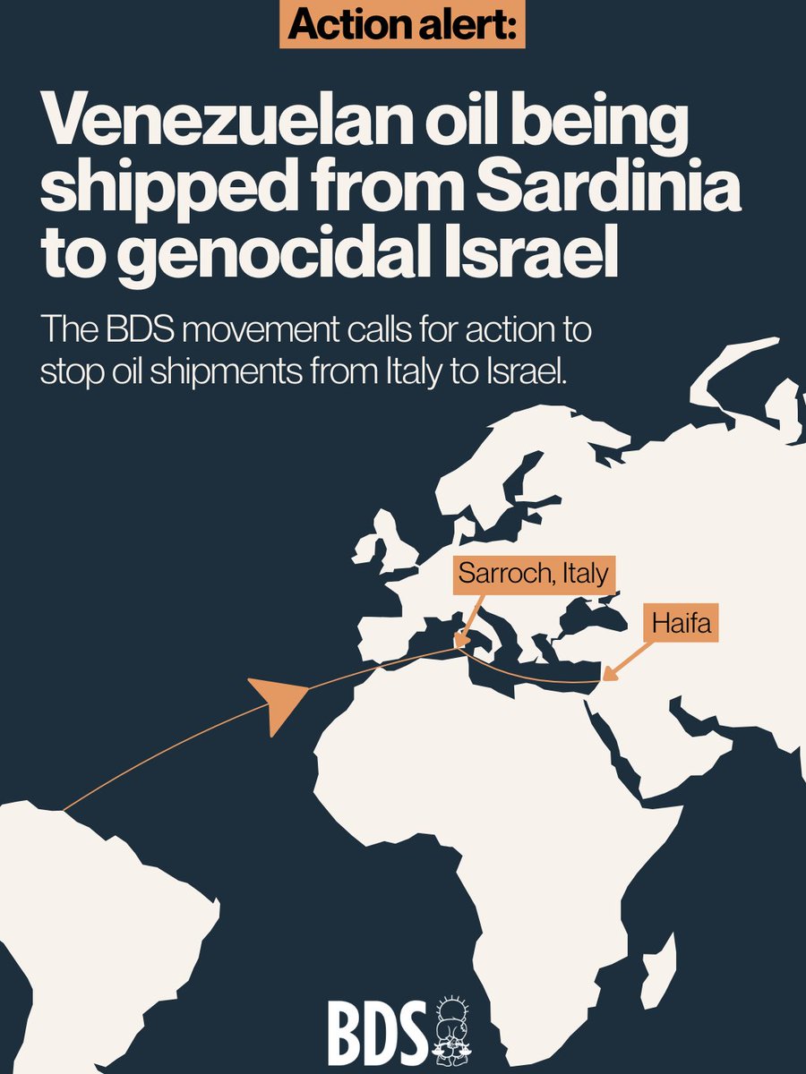 BDS action alert: Venezuelan oil being is shipped from Sardinia to genocidal Israel.

Current data indicates that the Poliegos is transporting 200,000 barrels of Venezuelan oil from Sardinia, Italy to Israeli crude oil company Bazan. The vessel is already in the Eastern
