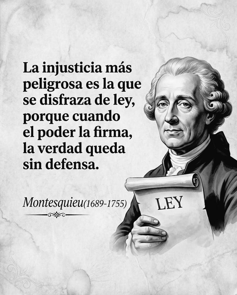 23Rapp's tweet photo. La injusticia más peligrosa no grita, no rompe puertas, no se esconde en la oscuridad.
 Se viste de legalidad, se firma con tinta oficial y se presenta como orden mientras silencia la verdad.

Cuando el poder convierte su interés en norma, muchos dejan de cuestionar. 
Si está escrito, si está sellado, si está aprobado… parece incuestionable, aunque en el fondo huela a abuso.

El problema no es solo la injusticia, sino su disfraz.
 Porque cuando algo injusto se convierte en ley, la conciencia colectiva empieza a confundirse y la crítica se vuelve sospechosa.

Así es como la verdad queda indefensa. 
No porque no exista, sino porque pierde respaldo frente a la autoridad que impone su versión como única válida.

Por eso el pensamiento crítico es un acto de valentía. 
No todo lo legal es justo, y no todo lo justo ha sido siempre legal.

Las sociedades se debilitan cuando obedecen sin reflexionar. 
El respeto a la ley es fundamental, pero más fundamental aún es que la ley respete la dignidad humana.

La verdadera justicia no necesita disfraz. 
Se sostiene por principios, no por imposiciones, y encuentra fuerza en ciudadanos que piensan, cuestionan y no renuncian a la verdad.