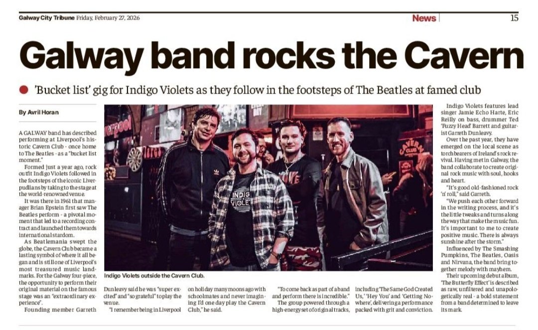 indigoviolets_'s tweet photo. Massive thanks to Avril Horan at @ctribune for
this amazing write-up &amp; printed piece in the City Tribune this week .

Photo 📸 by @ShavorneWPhotos

#indigoviolets #ctribune #thecavernclub https://t.co/At3kCun7HS