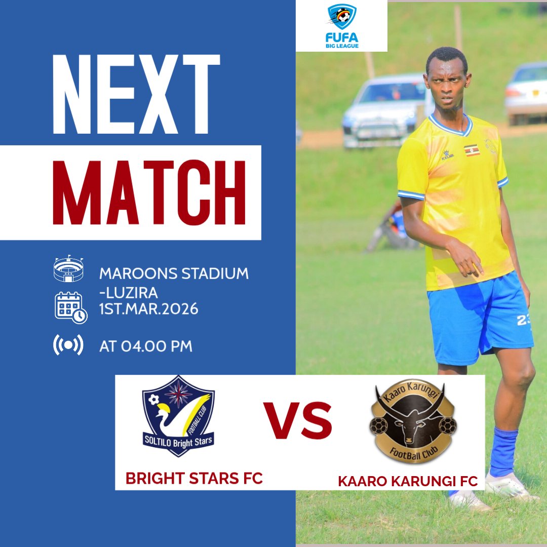 Kaaro_karungiFC's tweet photo. 🆙⏭️ Match Day 
🏆 @FUFABigLeague 
🆚 @BrightStarsFC 
🏟️ MAROONS STADIUM-LUZIRA
🕒 4pm
📆 Sunday 1st.Mar.26 || #KKFC || #KKFCSBS || #FBL || #AnkoleBulls https://t.co/vSi2OzzFgs