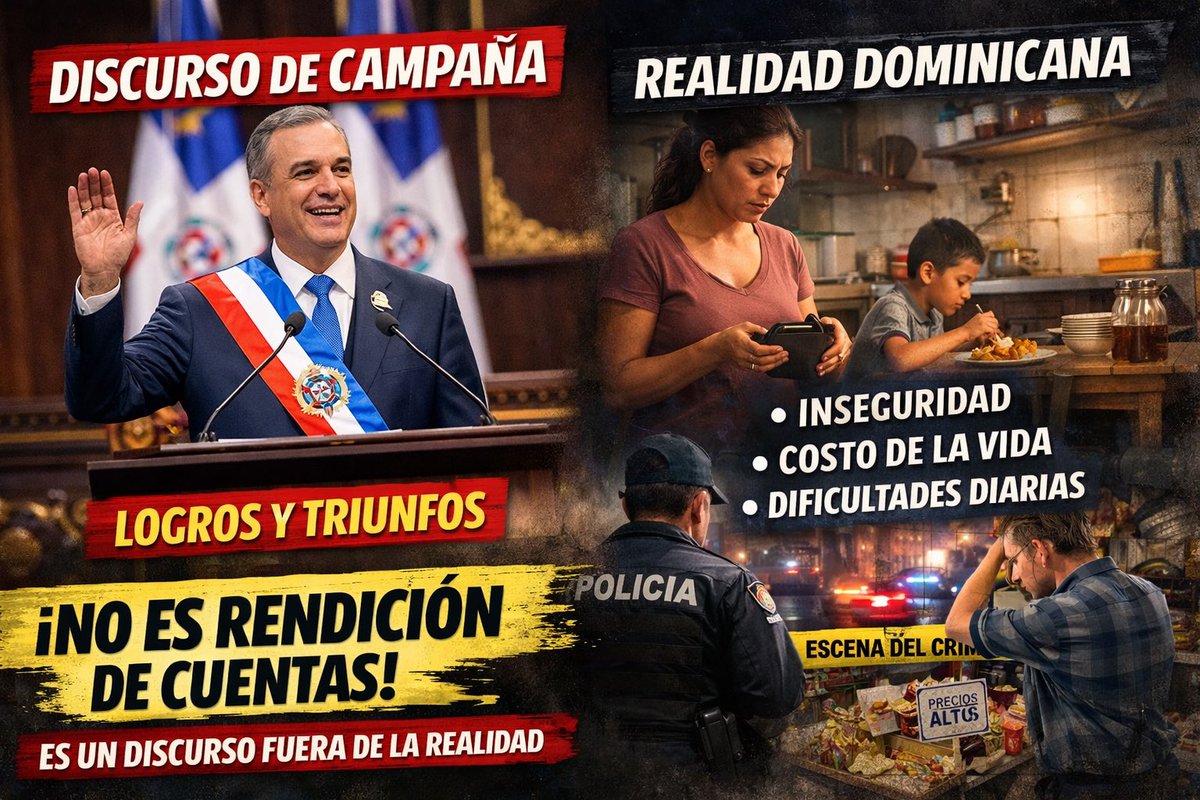 Asiaraf's tweet photo. Cuando una rendición de cuentas se convierte en un discurso político acumulativo, deja de cumplir su función constitucional.

El país merece saber qué se hizo en 2025, no escuchar un resumen general del gobierno 2020-2026.

La realidad dominicana no se maquilla con cifras globales. Se enfrenta con resultados concretos y soluciones claras.

La transparencia no es propaganda. Es responsabilidad. #NoNosMaquillenLaRealidad
#ElPaísReal
#CuentasClaras
#MenosDiscursoMásResultados