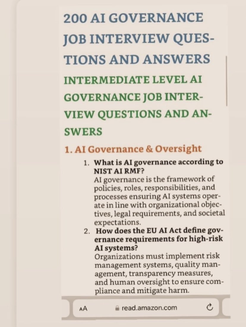 hanim_eken's tweet photo. 200 INTERMEDIATE & ADVANCED LEVEL AI GOVERNANCE JOB INTERVIEW QUESTIONS AND ANSWERS🤖To read more👉🏾 https://t.co/5015YLxU4V
#AIGovernance #AIGovernanceebooks #AIGovernanceframework #AIGovernanceTraining #AISecurityebook #AISecuritycareer #AIGovernanceCareer #cybersecurityebooks https://t.co/NVi27Iy5Br