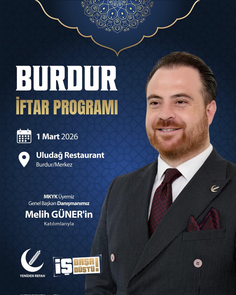 Genel Başkan Danışmanımız Melih Güner’in katılımlarıyla düzenlenecek olan Burdur İftar Programı, Pazar günü Uludağ Restaurant’ta gerçekleştirilecektir.
Ramazan ayının bereketini ve feyzini paylaşmak üzere tüm halkımız davetlidir.
<a href="/erbakanfatih/">Dr. Fatih Erbakan</a> <a href="/melihguuner/">Melih Güner</a> <a href="/magdursuztoplum/">Toplumsal Mağduriyetler Kurulu</a>
