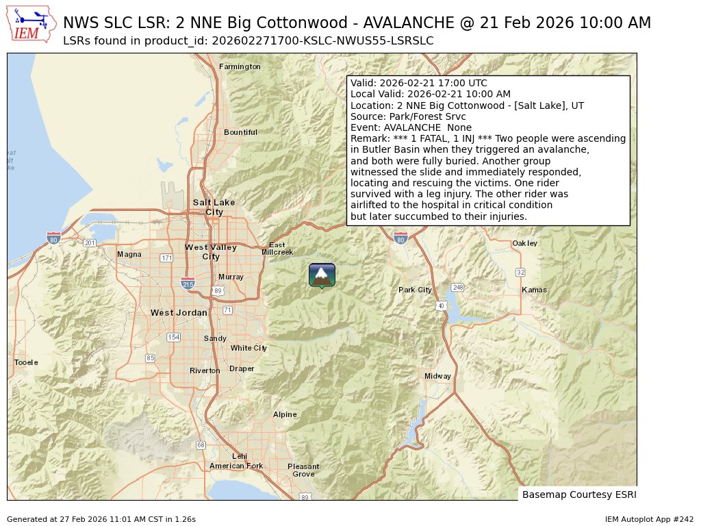 [Delayed Report] On Feb 21, at 10:00 AM MST, 2 NNE Big Cottonwood - [Salt Lake Co, UT] Park/Forest Srvc reports Avalanche. *** 1 FATAL, 1 INJ *** Two people were ascending in Butler Basin when they triggered an avalanche, and both were fully... #utwx mesonet.agron.iastate.edu/lsr/?by=wfo&wf…