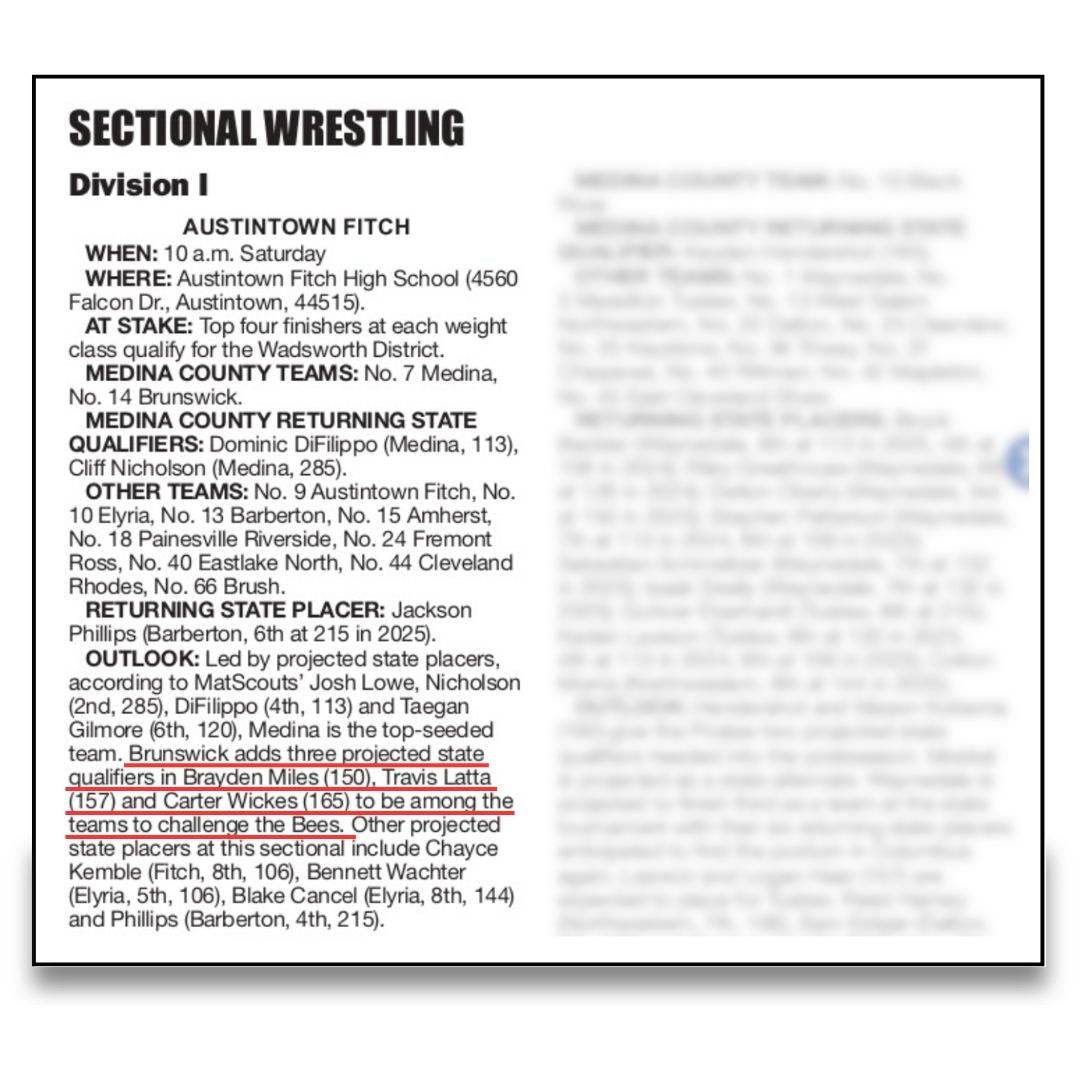 BrunswickCSD's tweet photo. It’s post-season tournament time!  Good luck to @BHSGoBig Blue @BHSWrestling14 as they head to Austintown Fitch on Saturday to compete in the Division 1 sectional meet!  For more information, check out today’s @MedinaGazette. #BrunswickPRIDE #GoBigBlue https://t.co/b97XZ224Kj