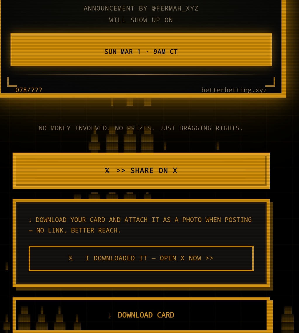 I called it! I am guessing <a href="/fermah_xyz/">Fermah</a> Big Announcement drops Sun Mar 1 at 10am CT. x.com/i/status/20274…