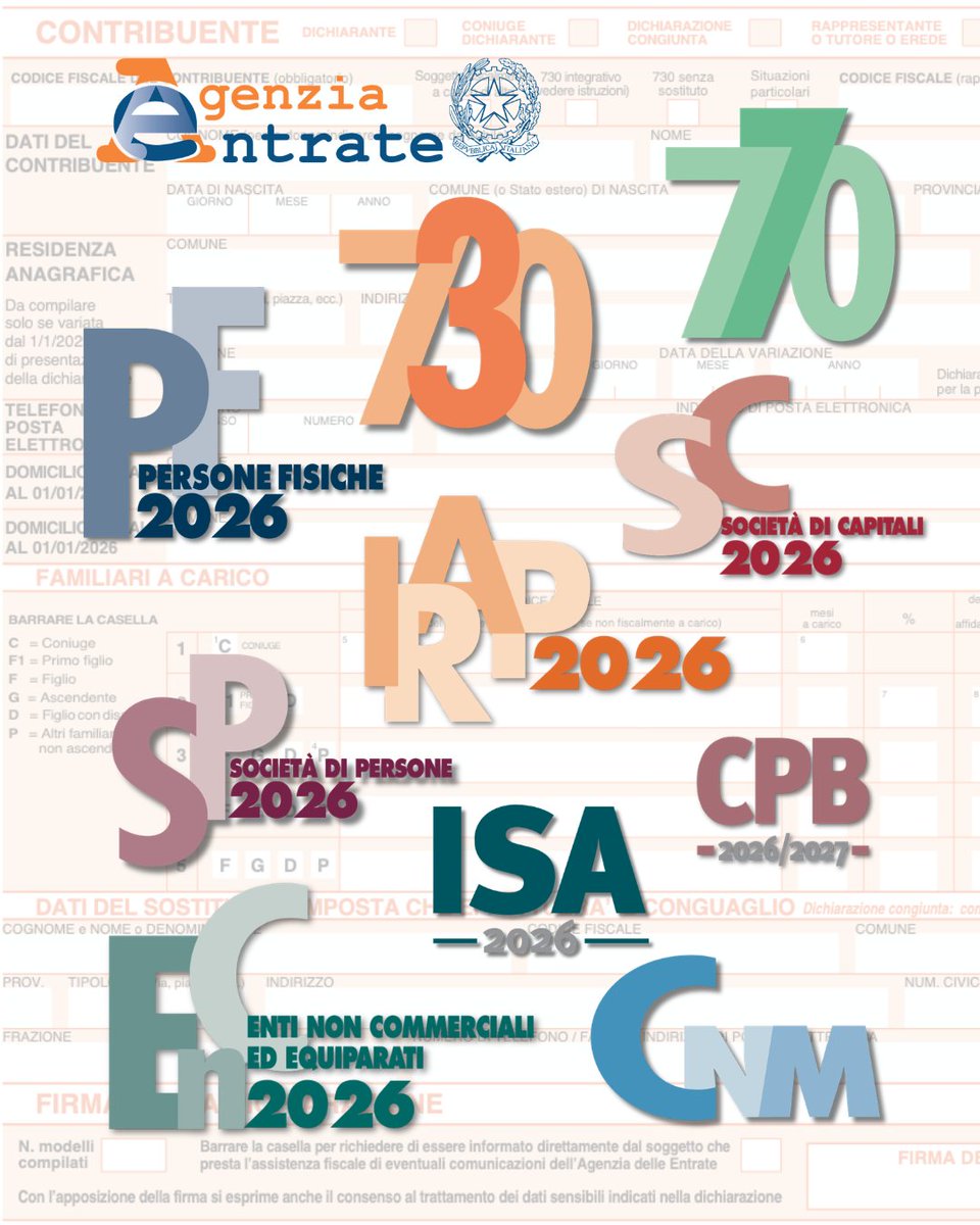 Agenzia_Entrate's tweet photo. #DichiarazionideiRedditi 2026: online tutti i #modelli definitivi. Dal 730 a #Redditi, 770, Cpb e Irap, pronto il kit completo per la nuova stagione dichiarativa 👉  https://t.co/xos3uIDJmp https://t.co/1k00xiXRuH