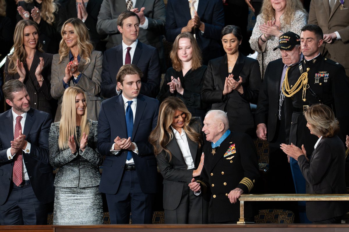 WhiteHouse's tweet image. At 100 years old, retired Navy Capt. Royce Williams received the Medal of Honor from @FLOTUS during President Trump's State of the Union.

This American hero served in WWII, Korea, &amp;amp; Vietnam, but achieved historic distinction in the skies during a heroic dogfight with Soviet