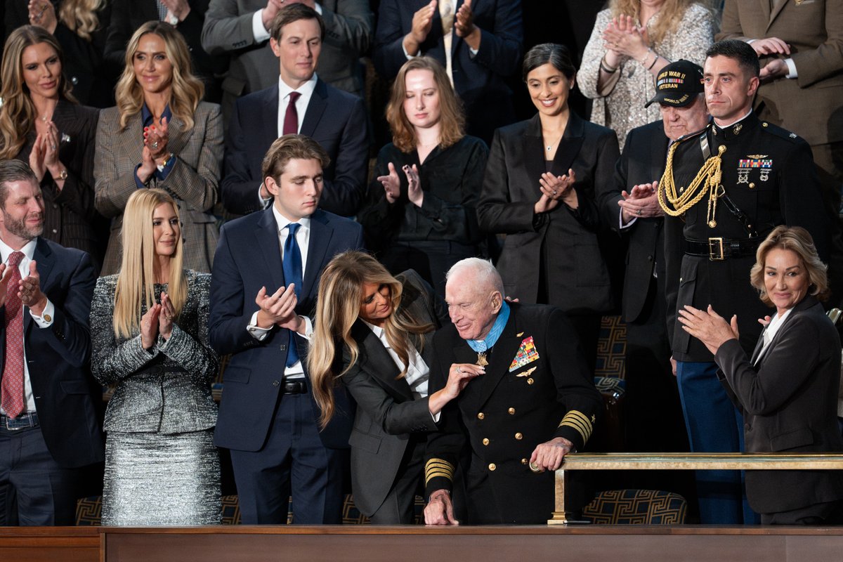 WhiteHouse's tweet image. At 100 years old, retired Navy Capt. Royce Williams received the Medal of Honor from @FLOTUS during President Trump's State of the Union.

This American hero served in WWII, Korea, &amp;amp; Vietnam, but achieved historic distinction in the skies during a heroic dogfight with Soviet