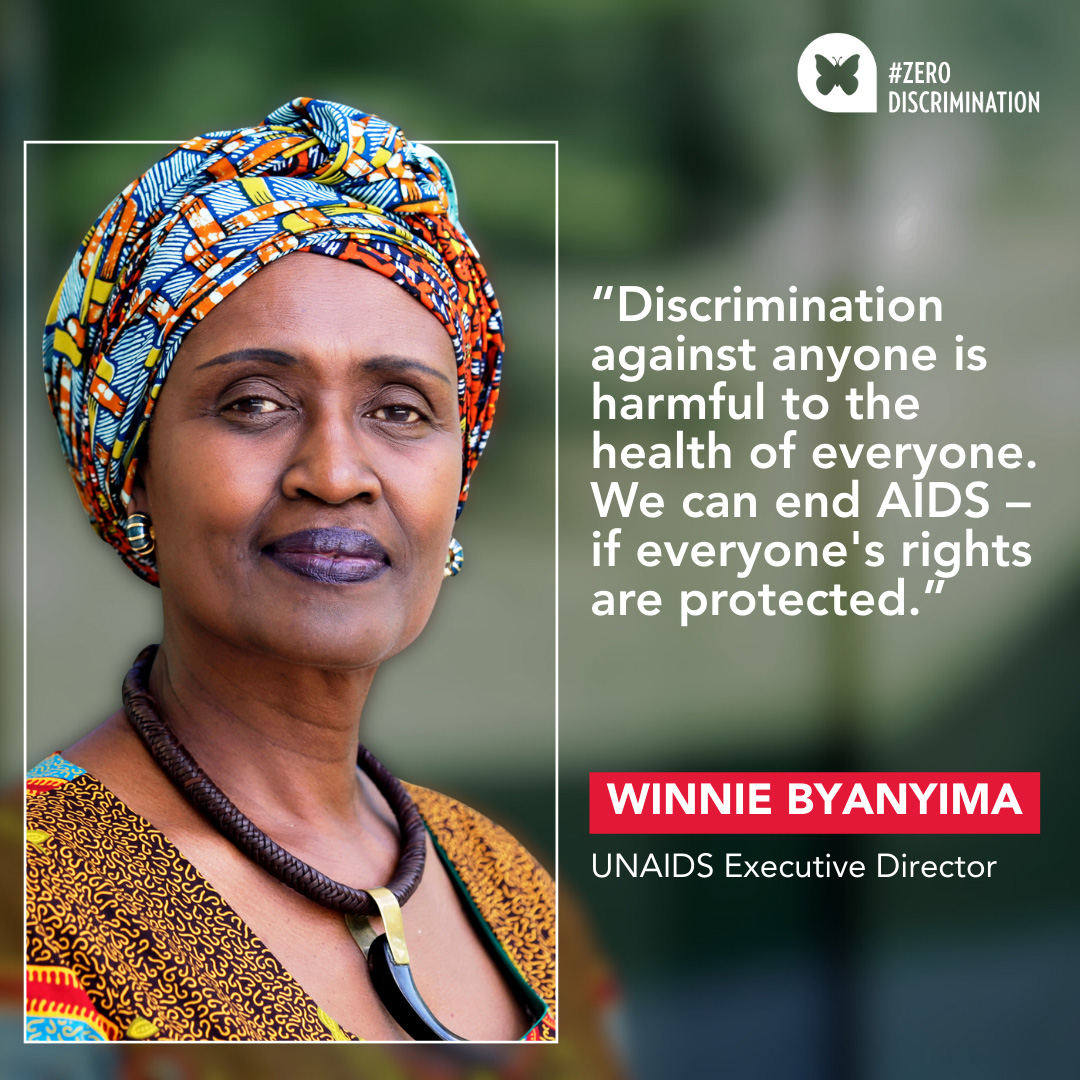 Winnie_Byanyima's tweet photo. Discrimination against ANYONE is harmful to the health of EVERYONE. We can #endAIDS—if everyone's rights are protected.

On #ZeroDiscriminationDay, we redouble the fight against stigma & discrimination, to build a society that guarantees equality for everyone.
🔗 https://t.co/733Zv3Ihav