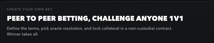 It's time to put your money where your mouth is.

Challenge anyone 1v1.

Pure peer to peer betting.

Bet on anything with anyone.

Bottom's in on crypto - Wanna Bet?