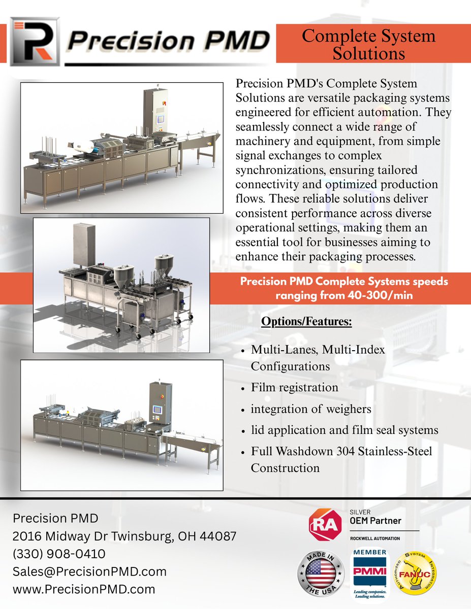 PrecisionPMD's tweet photo. Precision PMD's Complete System Solutions integrate denesting, conveying, filling, and sealing into one efficient line. Full turnkey or add modules seamlessly. Expert service minimizes downtime. New two-page flyer available - reach out to discuss your packaging needs! https://t.co/Nj3DNK3ZZS