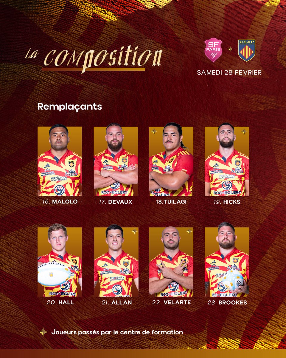 🥁𝗟𝗔 𝗖𝗢𝗠𝗣𝗢

Découvrez la composition pour cette dix-huitième   journée de Top14 offerte par notre partenaire David Giralt Iad France 🔥

🏉 Top14 - J18 💊 L’USAP se déplace au Stade Français 
⏰ Samedi 28 février - 16h35 🏟️ Stade Jean Bouin - Paris 

Tous derrière l’USAP