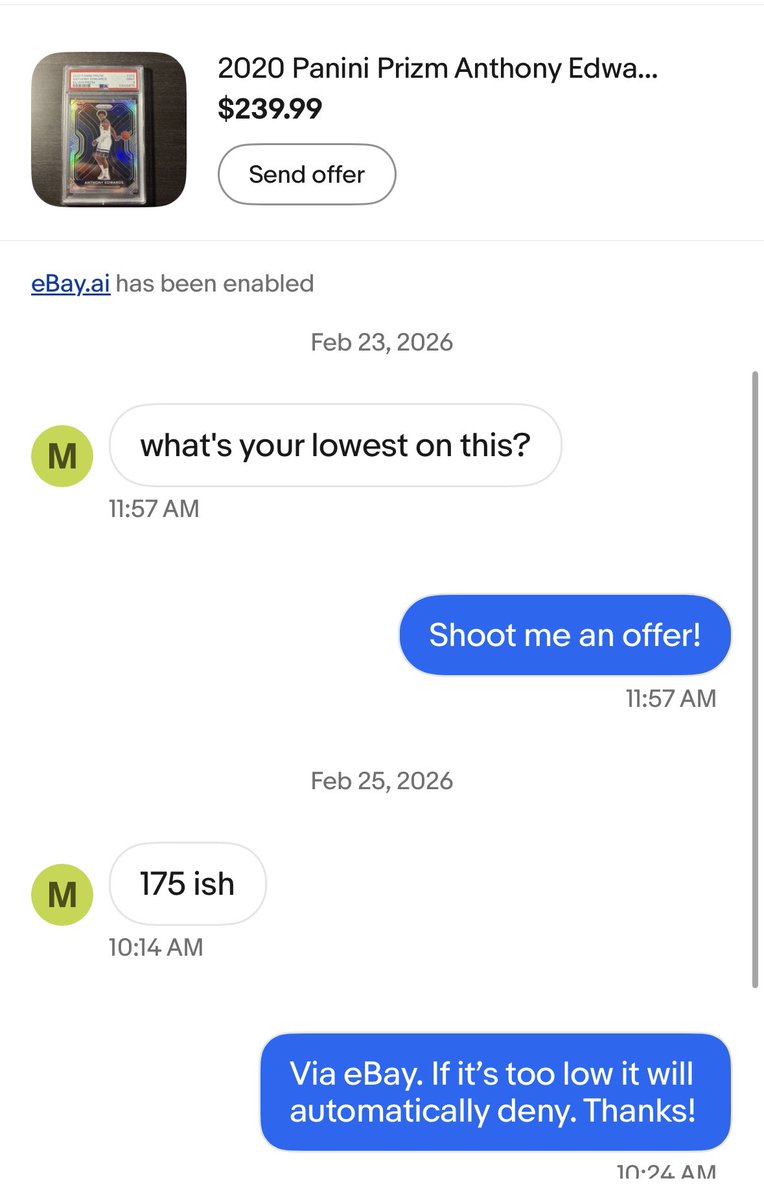 mikesmintcards's tweet photo. Not sure if I’m the only one who feels this way, but getting messages saying “what is your lowest” when eBay allows buyers to make offers just rubs me the wrong way. @CardPurchaser https://t.co/K3djdJznGb