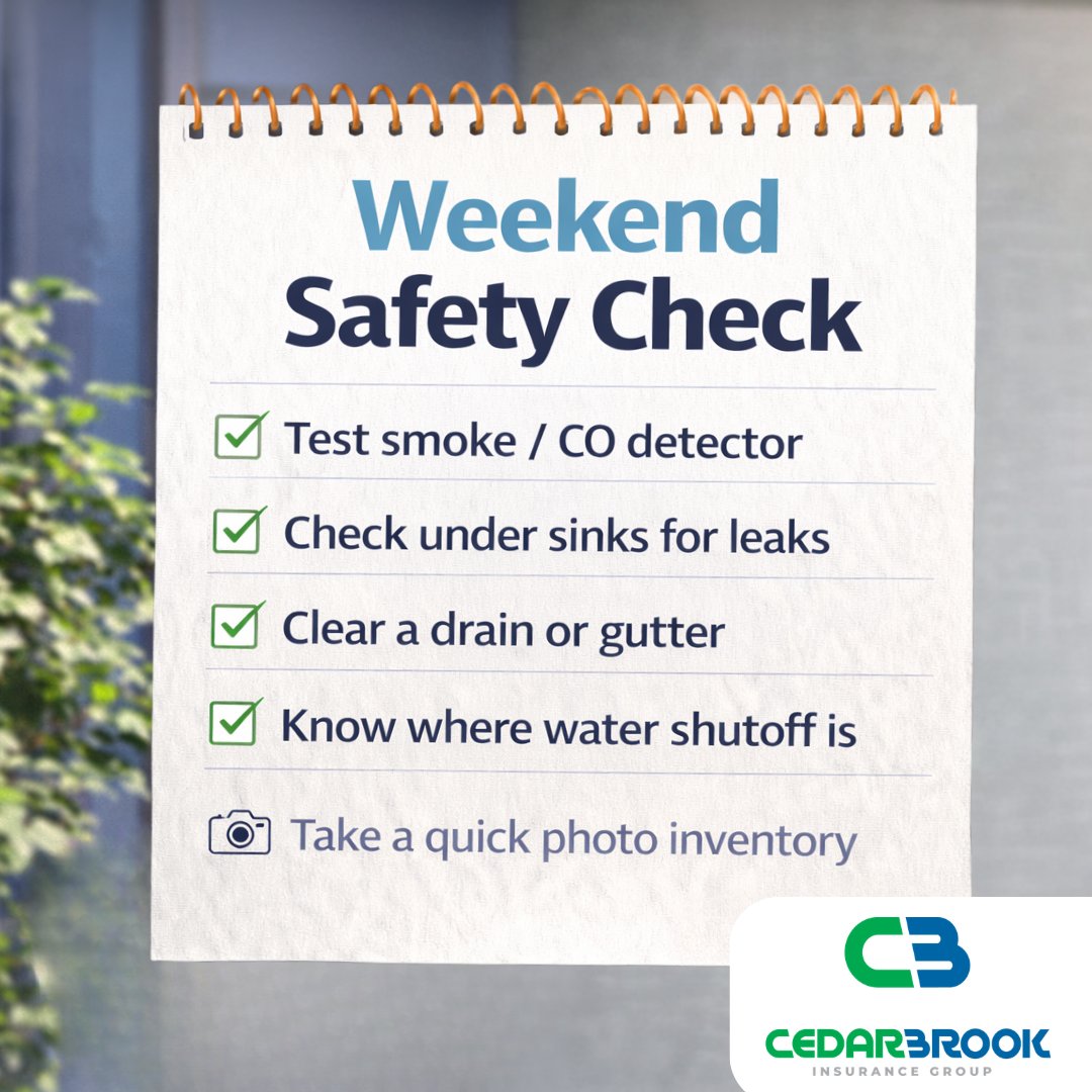 CedarBrookInsur's tweet image. Happy Friday, Here is a quick 60-second home check: detectors, leaks, water shutoff access, and a quick photo inventory. 

Small steps now = fewer surprises later.

 bit.ly/4hlNsiJ

#CedarbrookInsurance #HomeownersTips