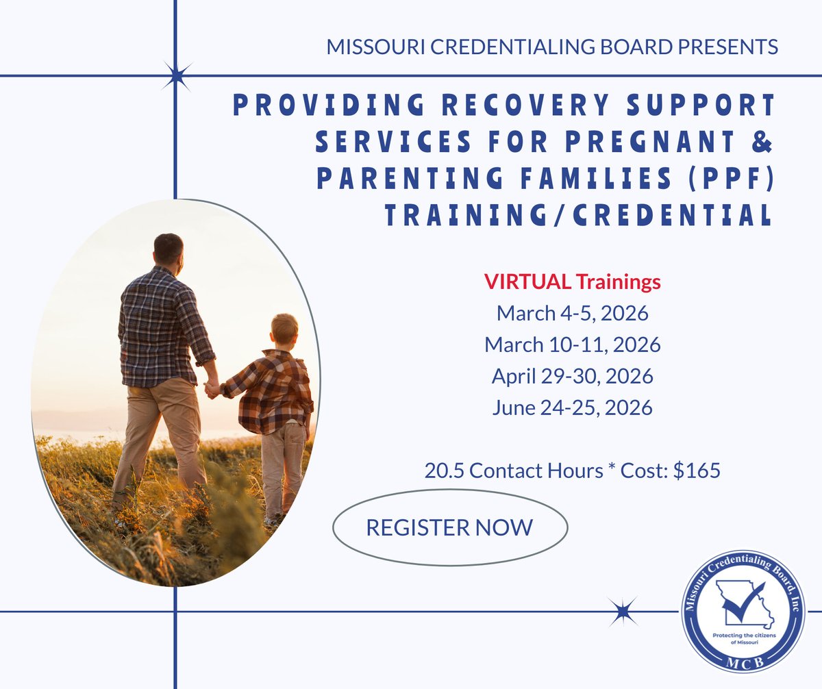 MOCredentialing's tweet image. Support pregnant &amp;amp; parenting families on their recovery journey 💙

PPF Certification Training covers:
👶 NAS/NOWs support
🤝 Parent–child bonding
📋 Person-centered recovery planning
🌍 Community coordination

👉 Register now! missouricb.com/pregnant-and-p…

#PPFTraining