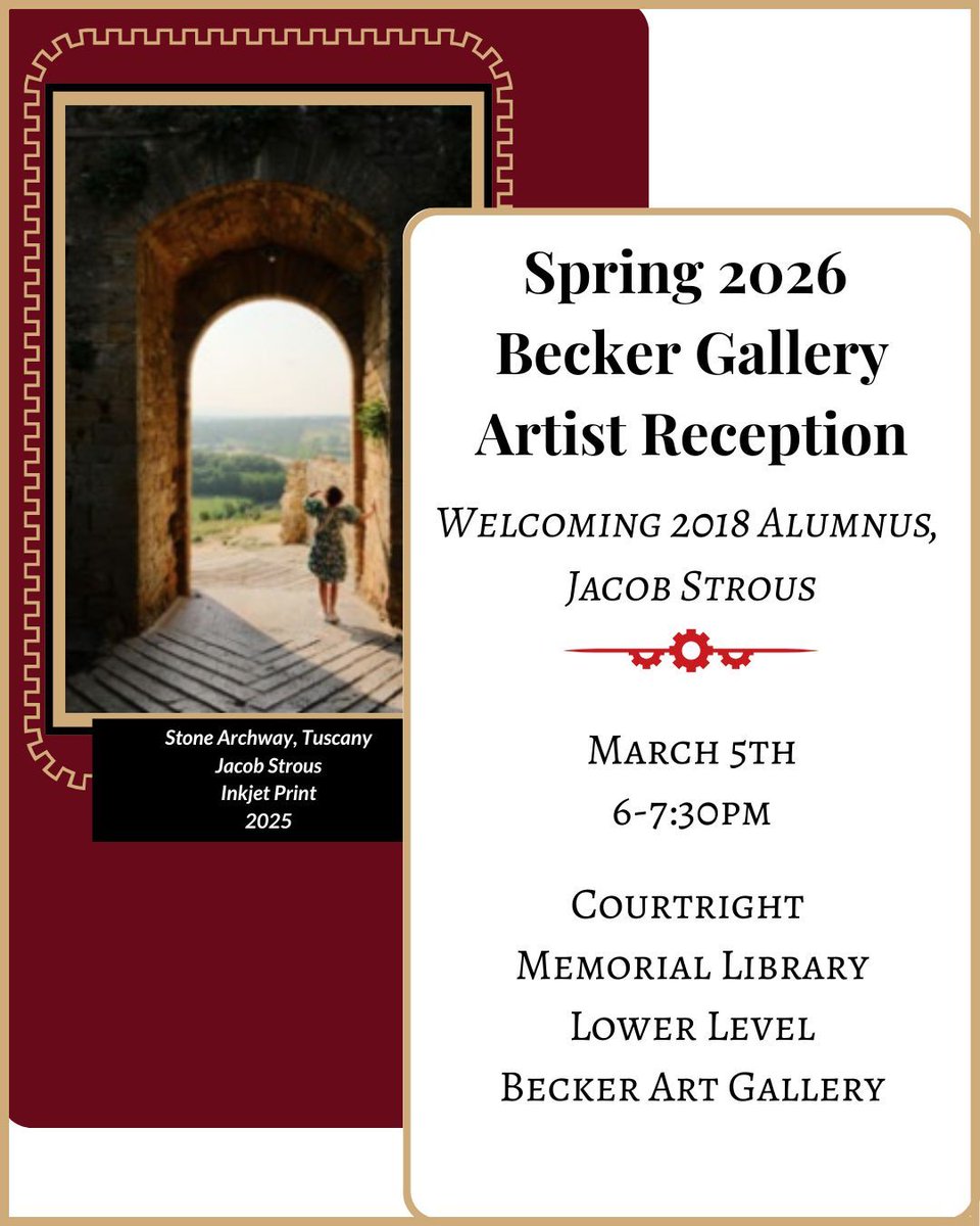 Enjoy some light refreshments and meet this semester's featured artist in the Becker Gallery, Jacob Strous! The reception will be held in the Becker Gallery from 6-7:30 p.m. on Thursday, March 5th.