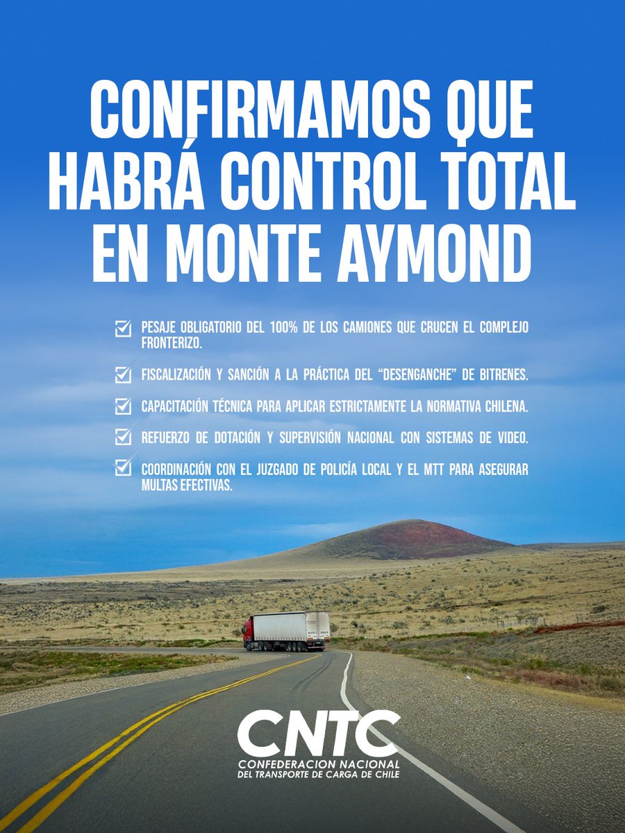 Habrá control total en Monte Aymond desde el 16 de marzo.

Tras reunión con la División de Pesajes:

✔ 100% de camiones pesados
✔ Sanción al desenganche de bitrenes
✔ Aplicación estricta de norma chilena
✔ Más fiscalización y multas efectivas

Defendemos la infraestructura.