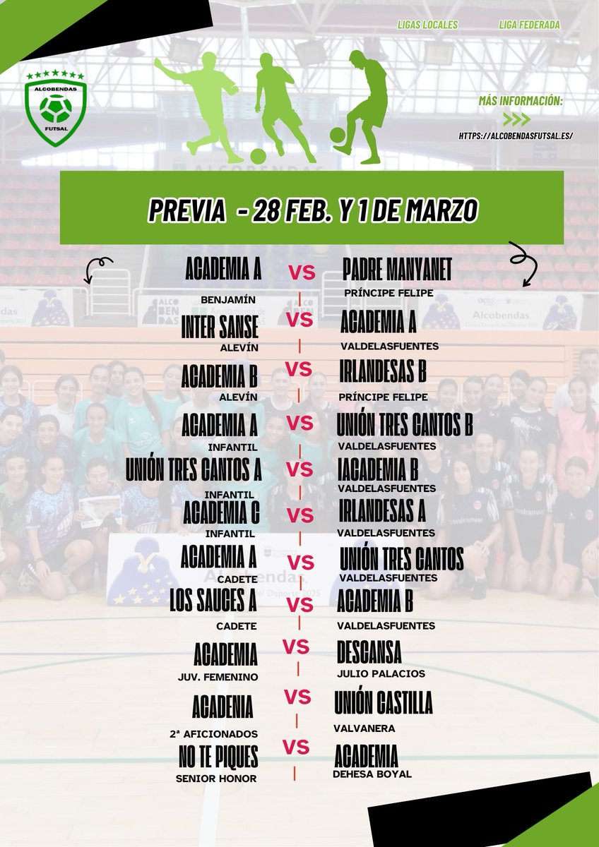 🔥 Jornada completa para la Academia 
⚽ Benja. a por la 4ª ante Padre Manyanet.
💪 Alev. e Inf. defendiendo posiciones clave. Cadetes, duelos de máxima exigencia.
⚔ Sénior DH, partido directo por la permanencia.
¡Vamos Academia! 💙alcobendasfutsal.es/9791-2/