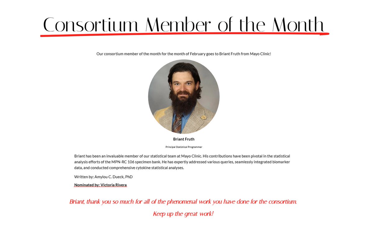 mpn_consortium's tweet photo. Our consortium member of the month for the month of March goes to Briant Fruth from Mayo Clinic!

#mpnresearch #mpnrc #mpnresearchconsortium https://t.co/rehLJxXLDb