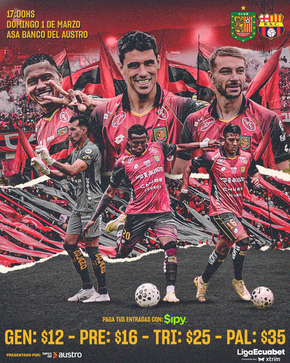 Que no queden dudas… 🔥

¡SE JUEGA! ⚽️✅

Nos vemos en casa.

⚔️ Barcelona 
📍 ASA Banco del Austro
⏰ 17:00

Entradas en línea📱👉🏻 acortar.link/f4ytLI
Entradas físicas 🎟️ disponibles en las oficinas del club 

¡Todos al ASA! 🏟️

#VamosCUENCA 🔴⚫️