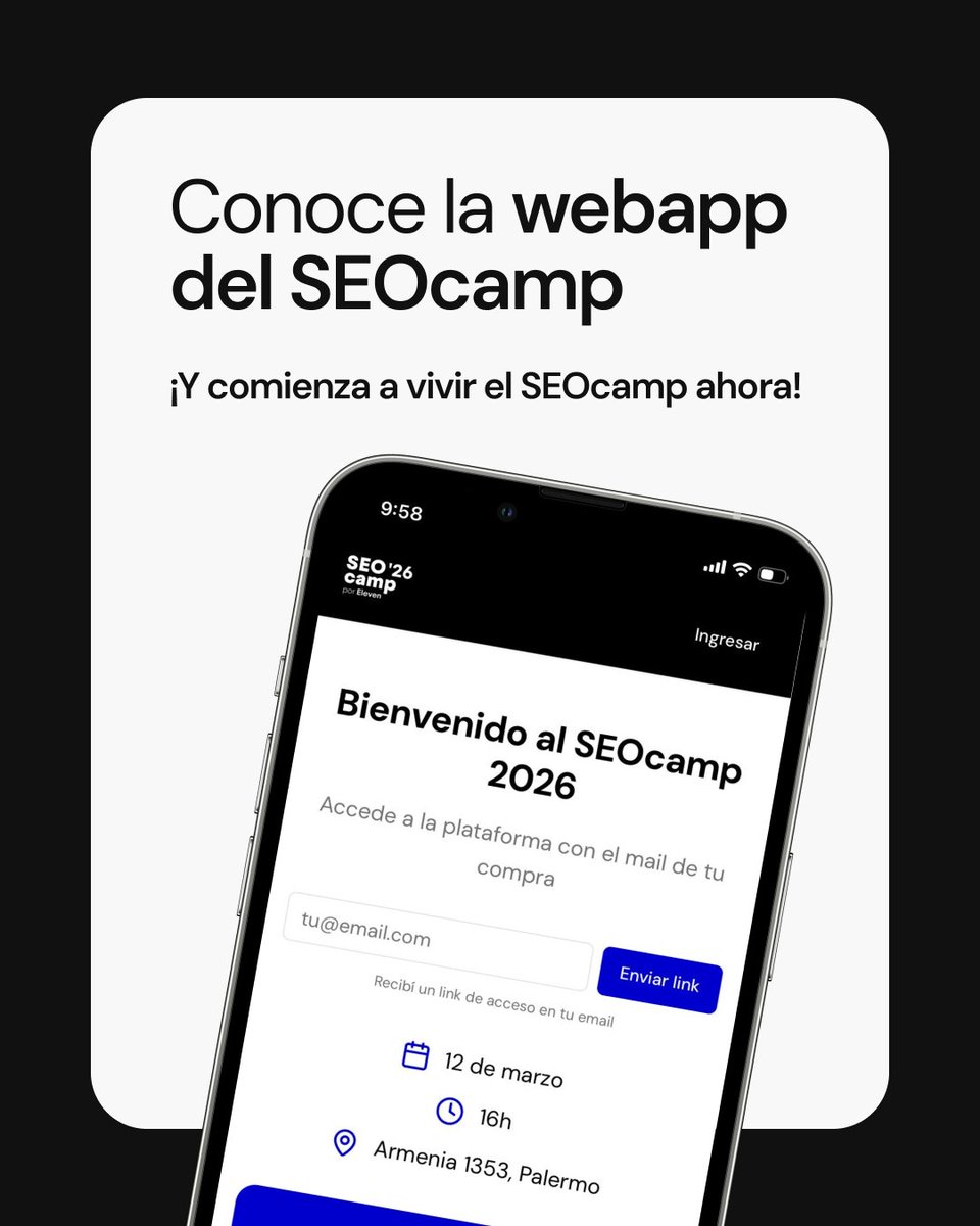 elevenok_'s tweet photo. El #SEOcamp 2026 empieza a tomar forma.

La webapp ya está disponible para que explores la agenda, conectes con otros asistentes y descubras todo lo que se viene en el evento.

👉 Ingresa en https://t.co/rq1dZ1veep con tu mail y empieza a vivir la experiencia. https://t.co/fSxMWHp7So