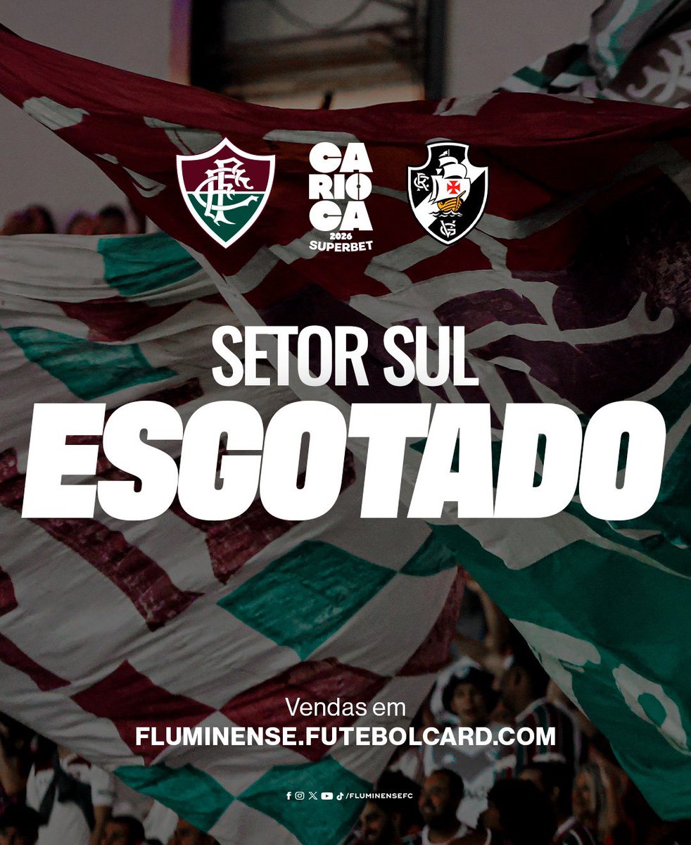 FluminenseFC's tweet photo. SETOR SUL ESGOTADO PRA DOMINGO! PRA JOGAR JUNTO ATÉ O FIM!

Compre seu ingresso pra setores leste, oeste e Maracanã Mais >> https://t.co/1evH5IuIhW https://t.co/auTWWhWeZg