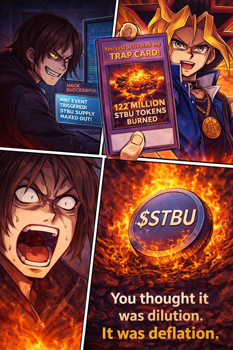 🚨 HACKED.
SUPPLY MINTED.
PANIC EVERYWHERE.
And then…

🃏 You just activated our TRAP CARD.

122,000,000 $STBU burned.

You thought it was dilution.
It was deflation.

Sometimes crisis doesn’t break a project. It stress-tests it.

🔥 Reset.
🔥 Supply reduced.
🔥 Game continues.