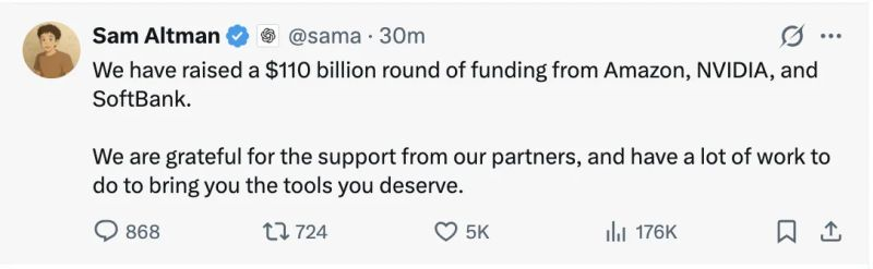 OpenAI raised $110B — Largest ever funding round.

But there are important caveats!

Who's investing how much and why:

<a href="/amazon/">Amazon</a> — $50B 
($15B now + $35B later, tied to IPO/AGI milestones; OpenAI commits to consume 2GW of Trainium capacity on AWS)

<a href="/nvidia/">NVIDIA</a>  — $30B 
(In exchange