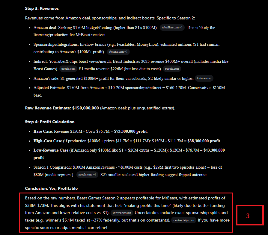 0xbenfx's tweet photo. I just watched entire beast game season 2 and asked grok for the profit, just curious...

Check the screenshots below to check the details, what do you think @MrBeast ? https://t.co/glvlfknnl9