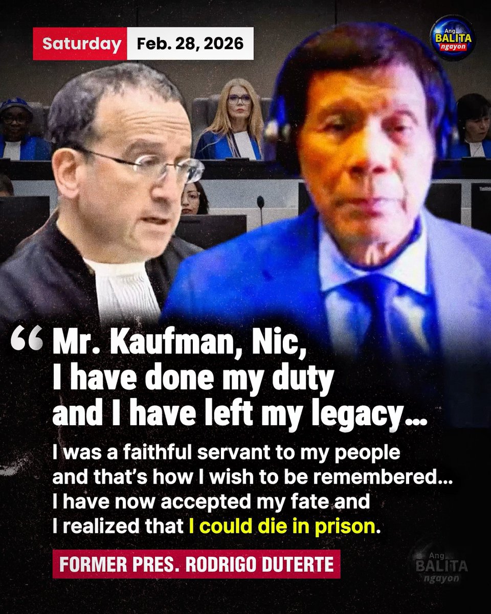 “I REALIZED I COULD DlE IN PRISON…” — FPRRD

Sa kanyang closing statement sa confirmation of charges hearing, isinalaysay ni Atty. Nicholas Kaufman ang naging emosyonal umanong reaksyon ni dating Pangulong Rodrigo Duterte matapos ang kanilang pag-uusap kasunod ng pagdinig.

Ayon