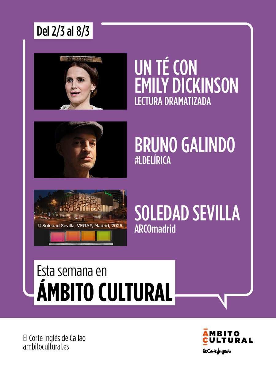 ambitocultural's tweet photo. La próxima semana, te traemos tres planazos para disfrutar del arte y la palabra en #ÁmbitoCultural Callao, @elcorteingles de Preciados y El Corte Inglés de Serrano❤️‍🔥

🗓️¡Echa un vistazo a nuestra agenda semanal y únete!
🔗https://t.co/vxa2j6EgUn https://t.co/jJRZRd7xVA
