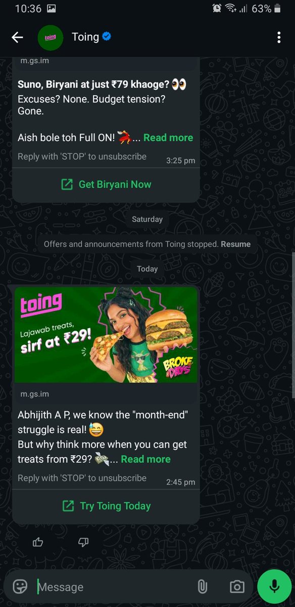A_Pabhi1's tweet image. I already Stopped offers and advertisements then why this message sent again and again 
I already uninstall your #toing app and delete all data from my device, because not available in my location.
 @Swiggy will you please stop this type of irritating message