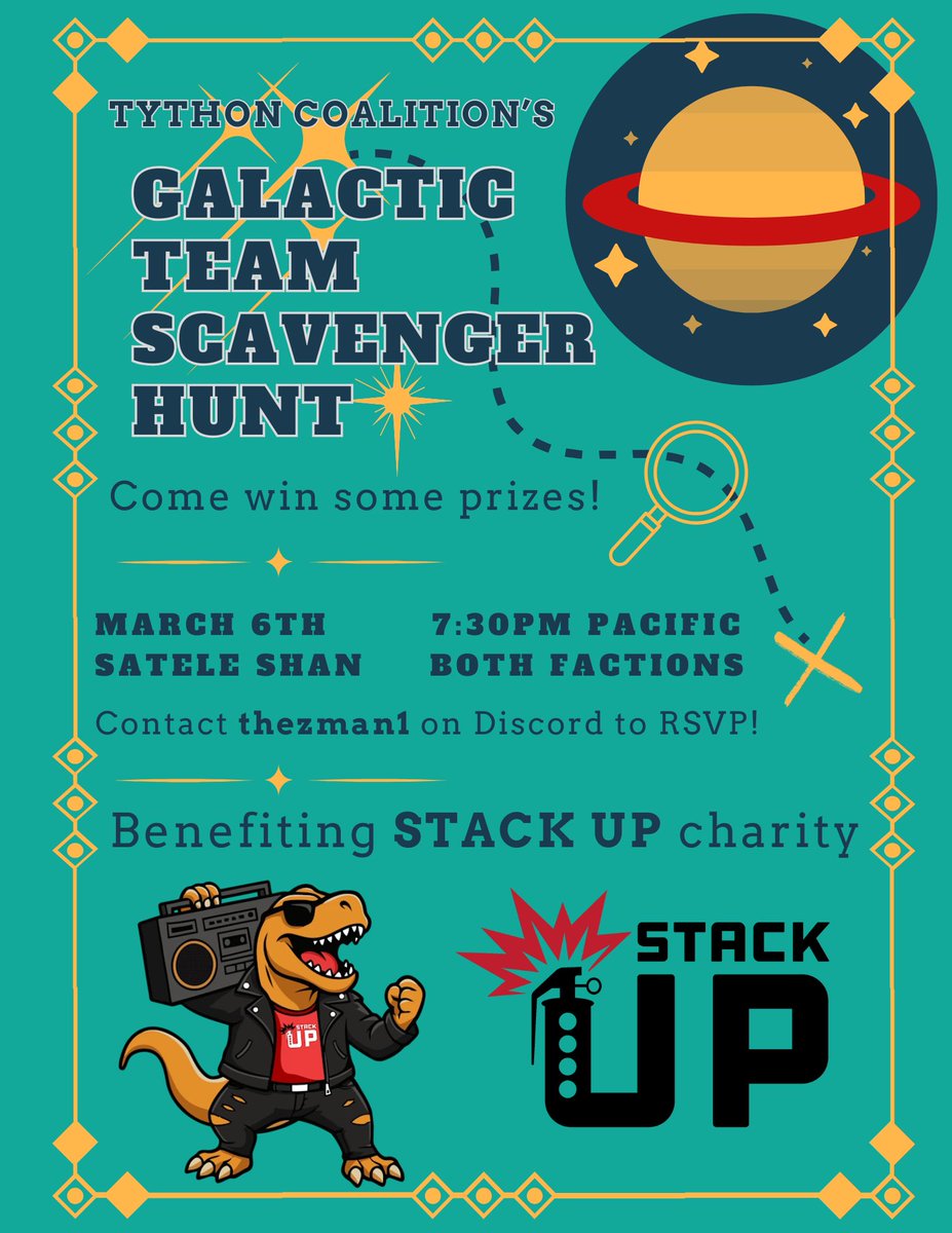 theZman1_'s tweet photo. Next Friday only! Come join us for a night of fun and prizes! Scavenger hunt on Satele Shan  server in @SWTOR at 7:30 Pacific Time! Supporting @StackUpDotOrg  want to join us? Fill out this google form: https://t.co/clXsT2i5W4 First place gets a hyper rate per team member! https://t.co/G10x4Ltl9c