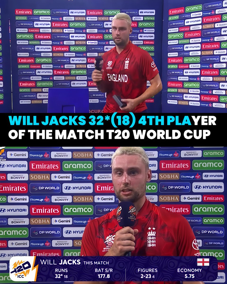 🚨4 wikect won moment England   Very Romantic match:-

Will  Jacks was on fire!  Allrounder performance 32* off 18 balls and 2 wickets for 4-23. 

-History created - Player of the Match for the 4th World Cup in a row

📷: Jiohotstar /icc

#willJacks #ENGvsNZ
