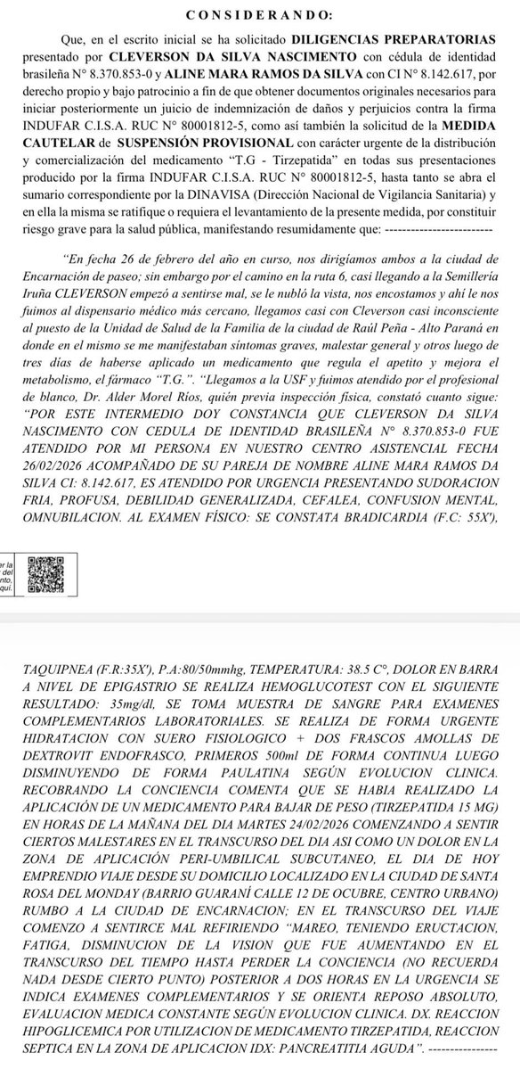 🔴 Alerta sanitaria en Paraguay

⚖️Jueza suspende distribución y comercialización del medicamento "TIRZEPATIDA" de Indufar debido a riesgos para la salud.

📝La Jueza de la ciudad de Santa Rosa de Monday, Departamento de Alto Paraná Abogz Sandra Frantz Rosin resolvió la